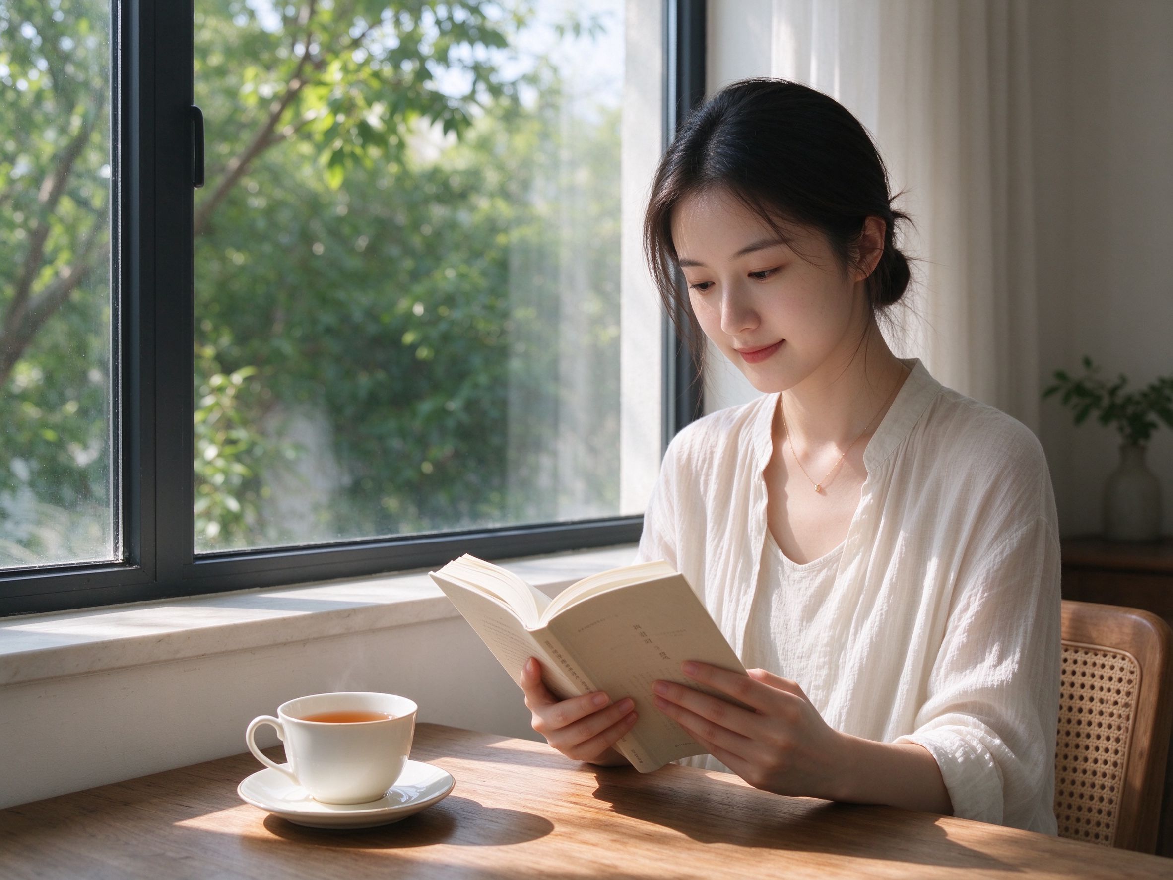 女主播在窗边安静读书的杂志风真人摄影